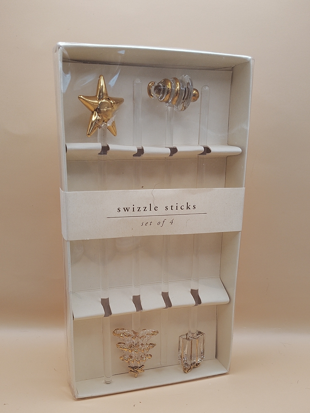 Pier 1 Swizzle Sticks Set of 4 - Gold and Clear Decorative Drink Picks